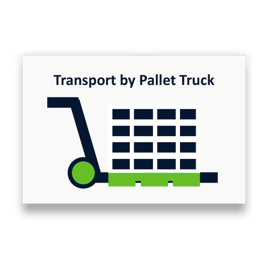 Symbol: TRANSPORT PER HUBWAGEN bzw. TRANSPORT BY PALLET TRUCK