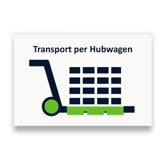 Symbol: TRANSPORT PER HUBWAGEN bzw. TRANSPORT BY PALLET TRUCK